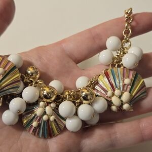 TALBOTS SEASHELL Charm Necklace Beaded Gold Tone Rainbow Enamel Statement